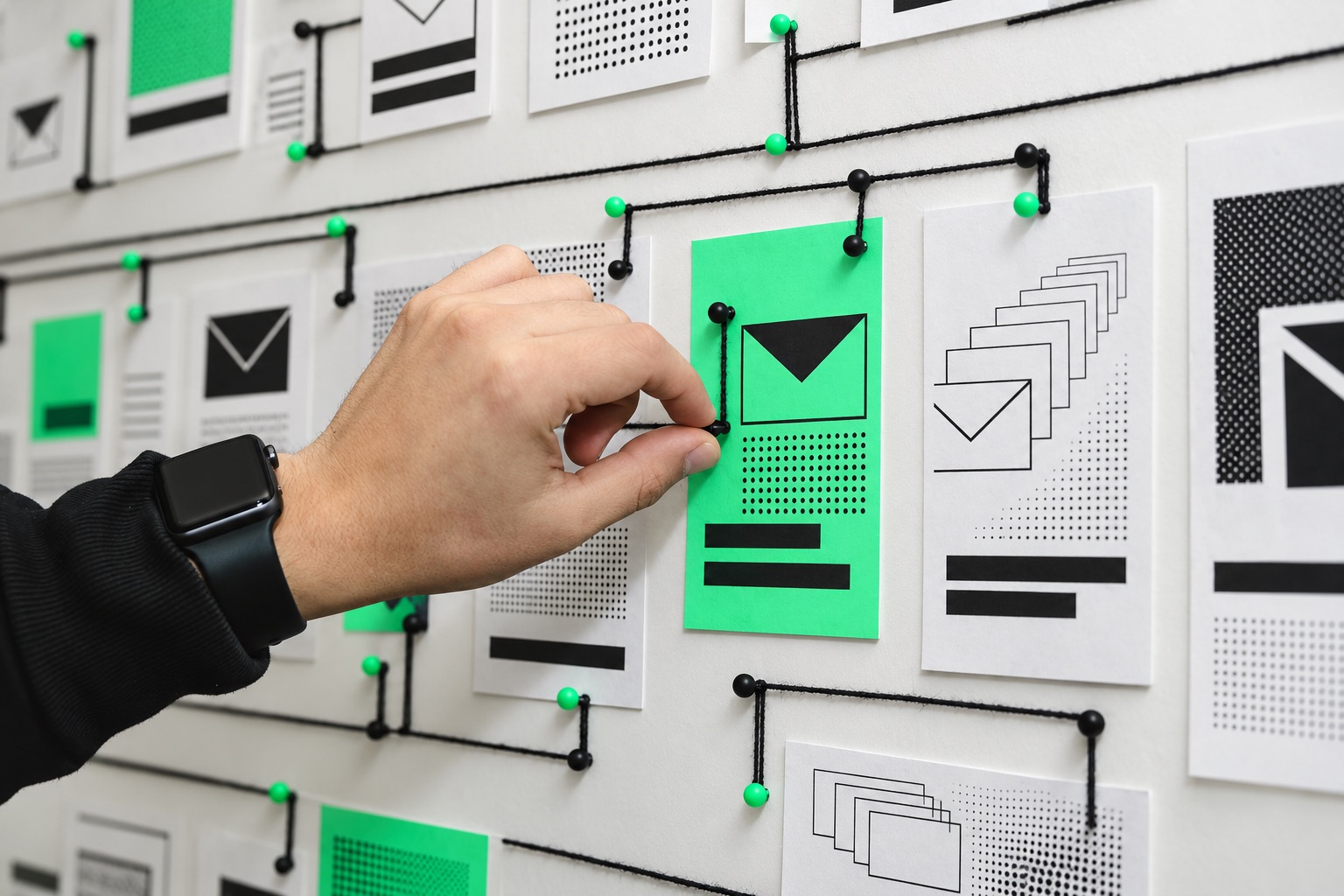 Hand pinning email layouts to a planning wall connected with string